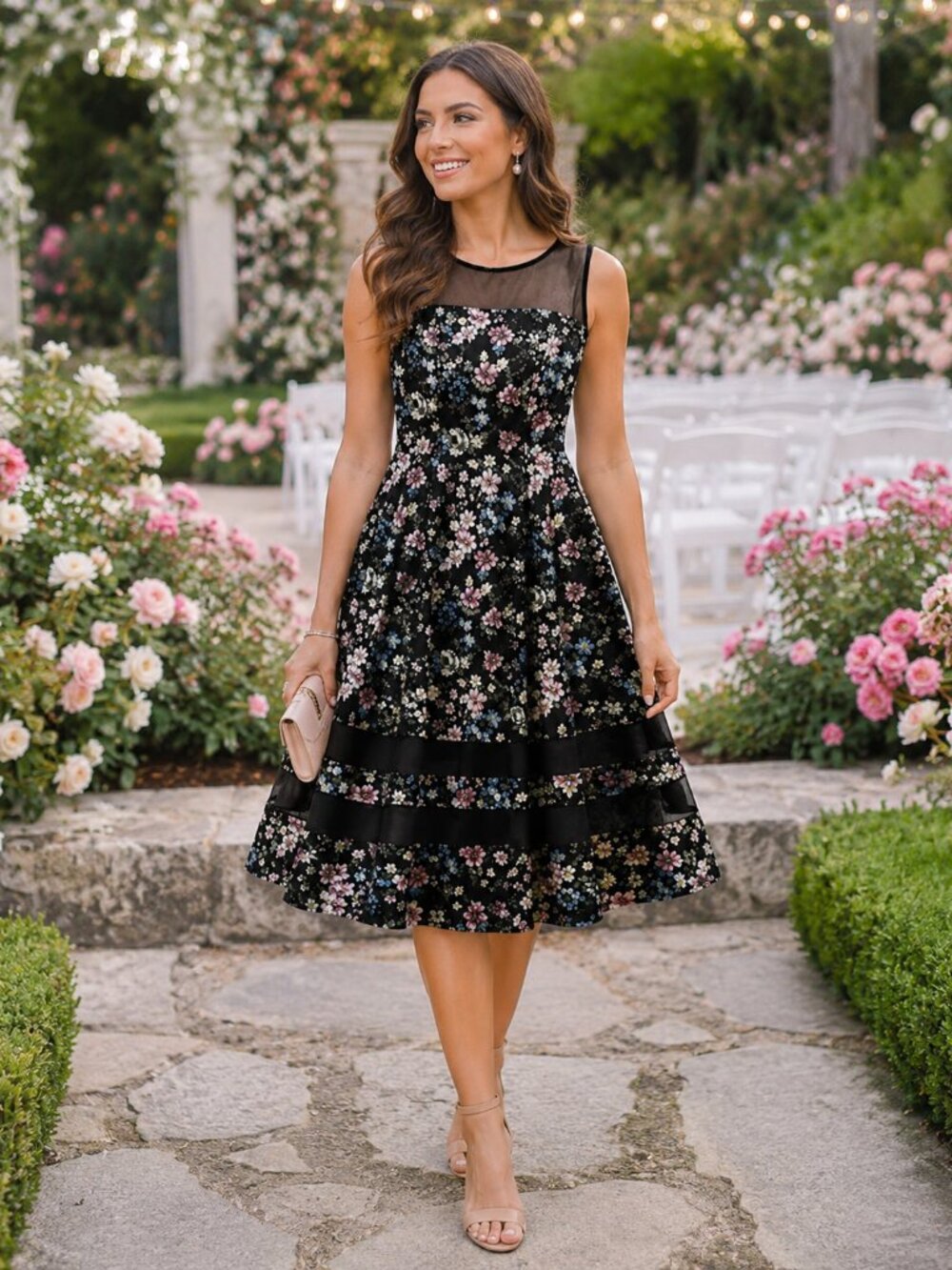 Aidan Mattox Black Floral Midi Dress Illusion Neck Fit Flare Size 8 NWT